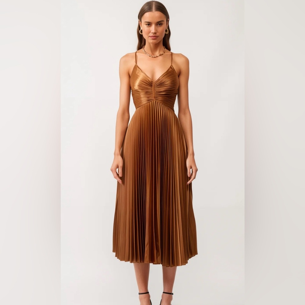 Sofía the Label Bronze Satin Pleated Midi Dress - Med. A.L.C. Aries Style NWT